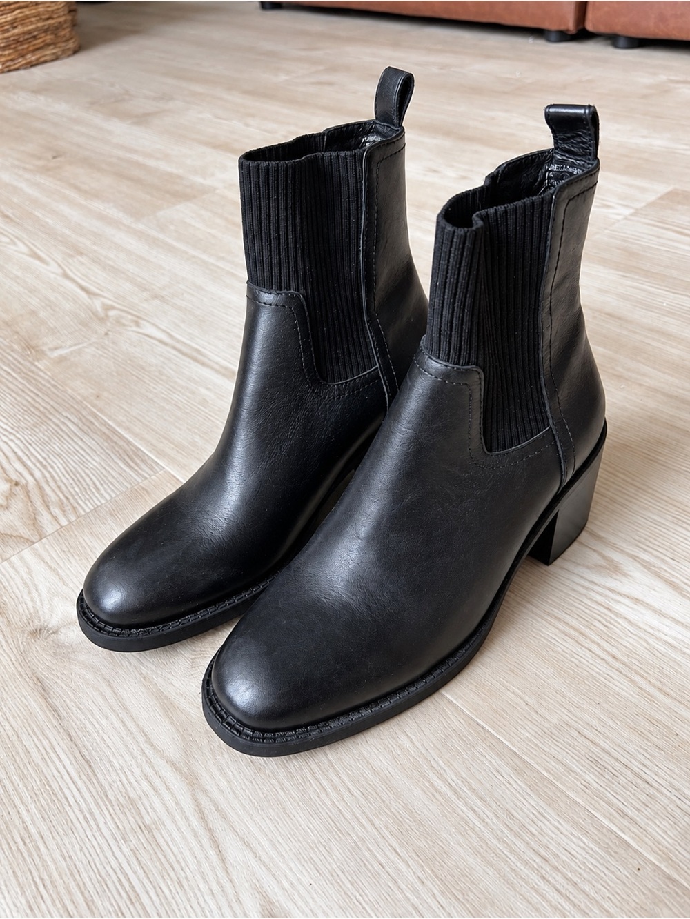 Steve Madden Black Leather Chelsea Booties with Block Heel